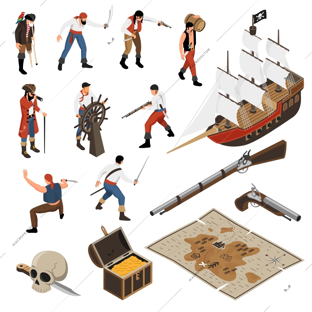 Set of isometric icons armed mariners accessories of pirates sail boat with jolly roger isolated vector illustration