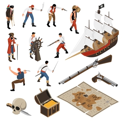 Set of isometric icons armed mariners accessories of pirates sail boat with jolly roger isolated vector illustration