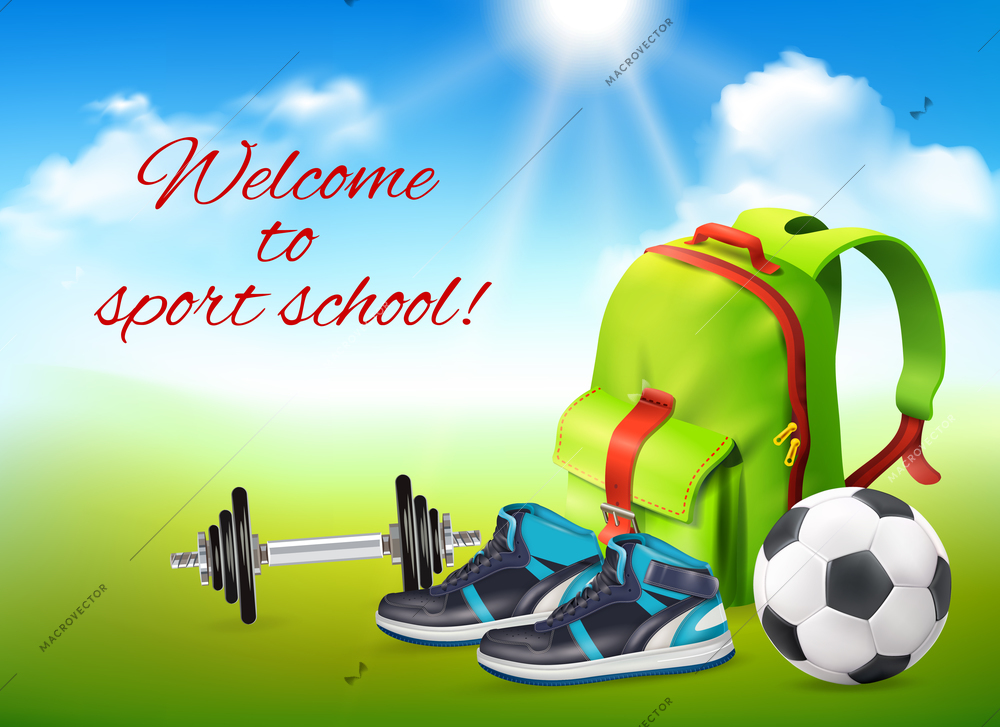 Welcome to sport school realistic background with backpack sneakers football ball rod decorative icons vector illustration
