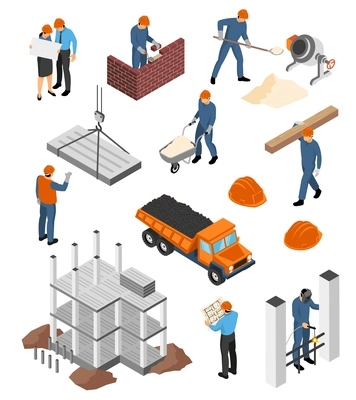 Set of isometric icons architects with blueprints and builders at work with construction materials isolated vector illustration
