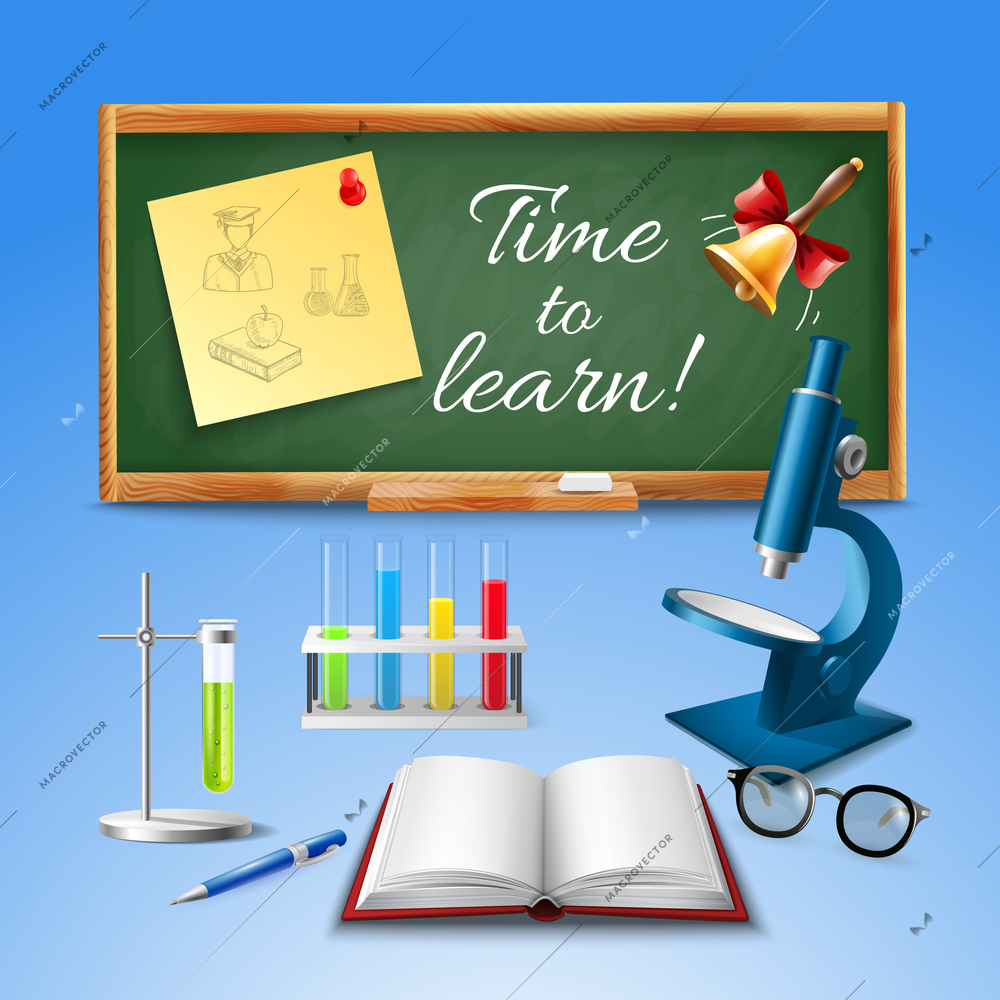 Time to learn realistic vector illustration with microscope blackboard opened textbook accessories for chemical experiments