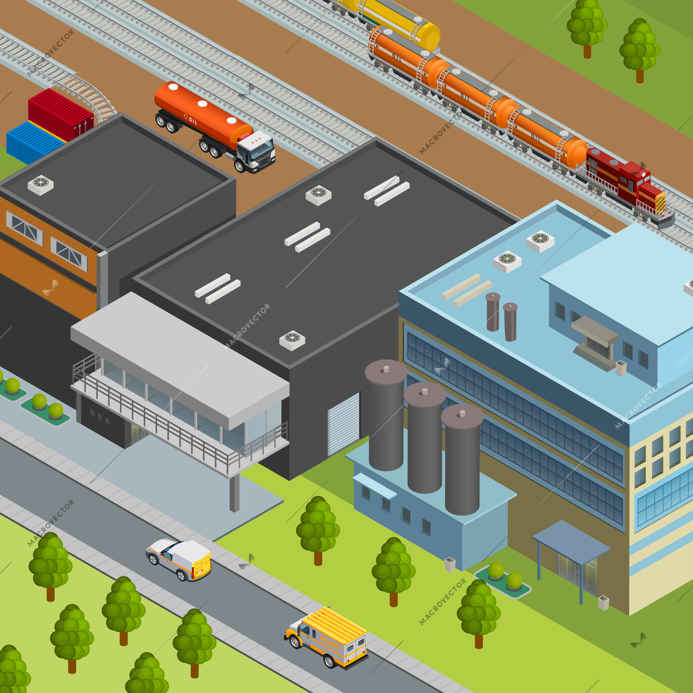 Truck and train for oil transportation near refinery 3d isometric vector illustration