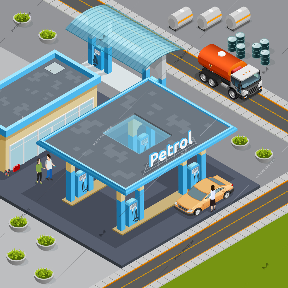 Isometric composition with truck for oil transportation near petrol station 3d vector illustration