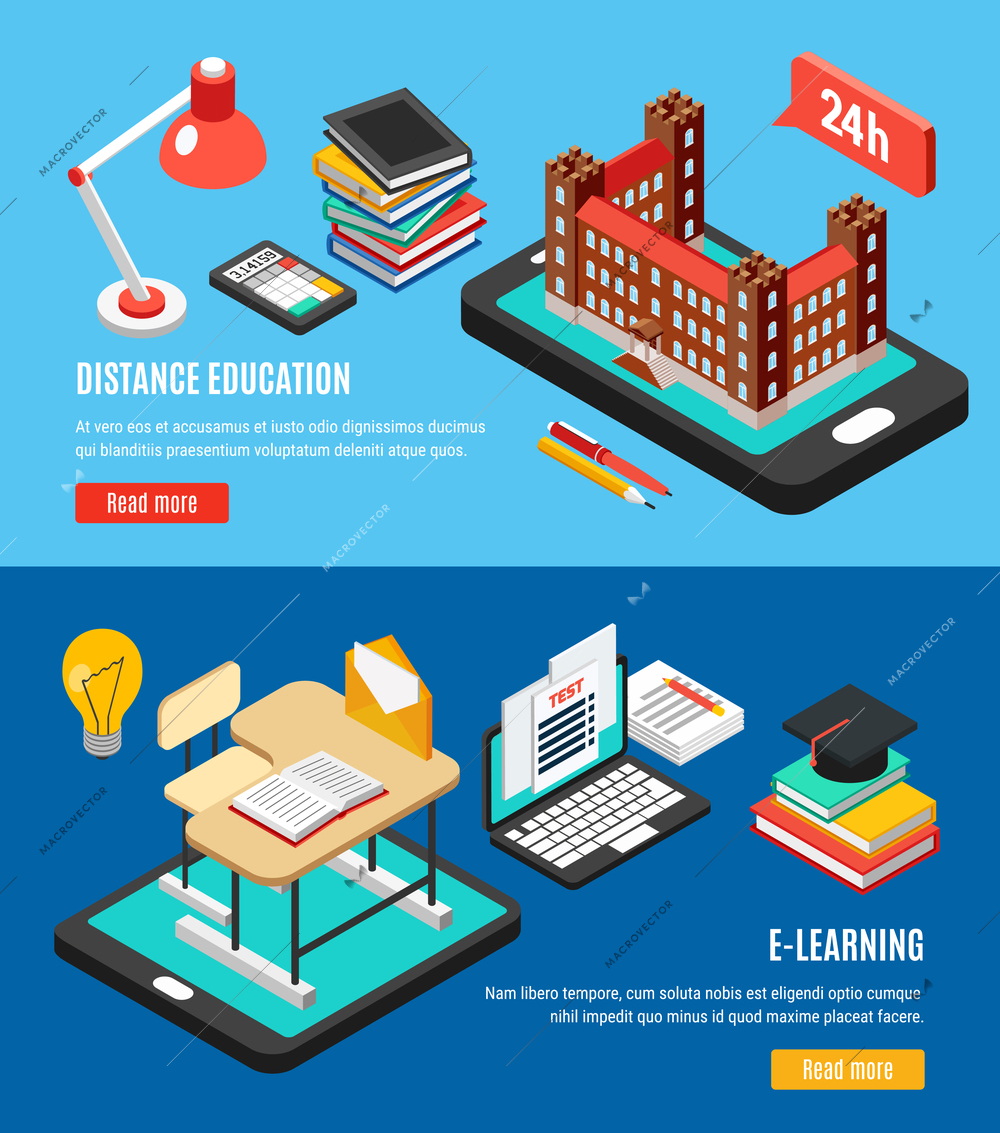 Distant education isometric horizontal banners set with devices and objects for e-learning 3d isolated vector illustration