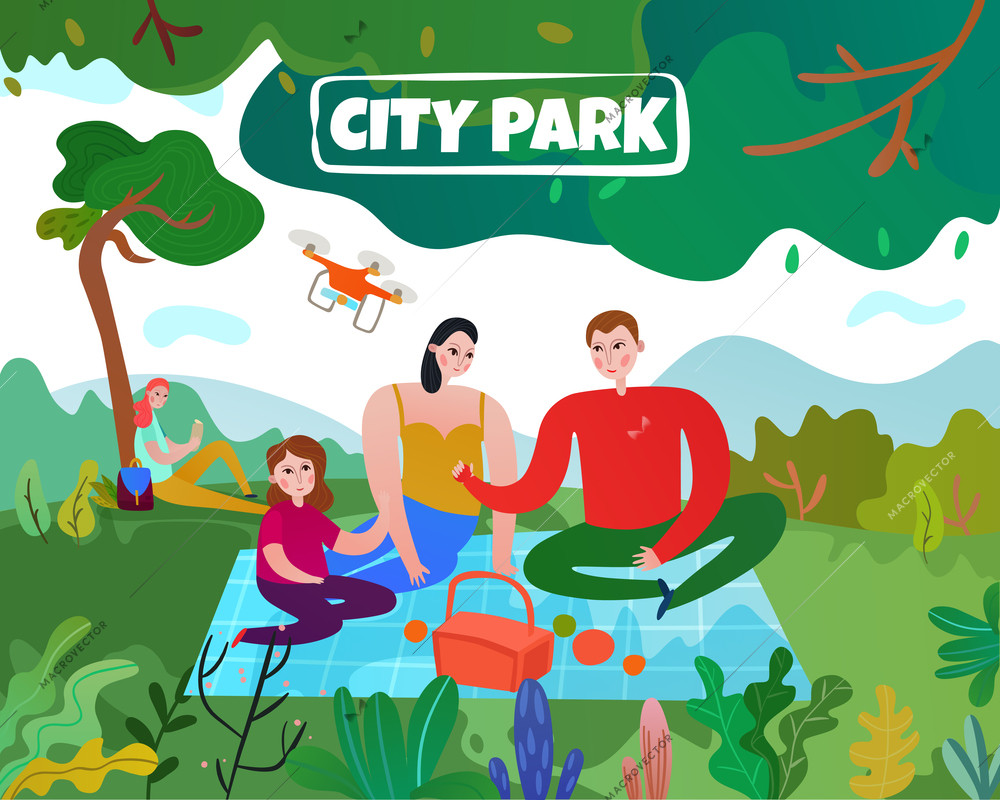 City park with trees lawn parents and children flat vector illustration