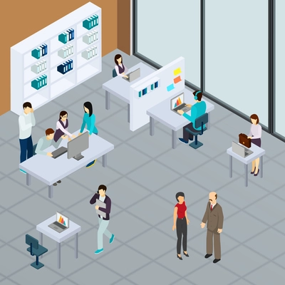 Staff at office during work at computers and business conversation isometric vector illustration