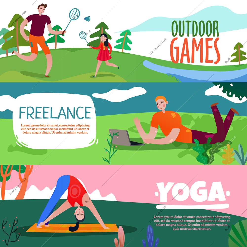 Park rest horizontal banners set with yoga symbols flat isolated vector illustration