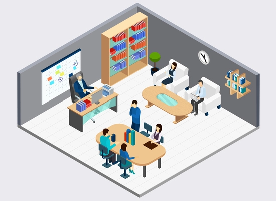 Boss at work place and office employees during department meeting isometric composition vector illustration