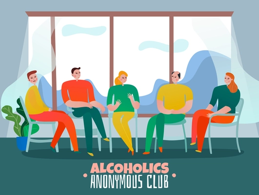 Psychotherapist and psychologist therapy with alcoholics club symbols flat vector illustration