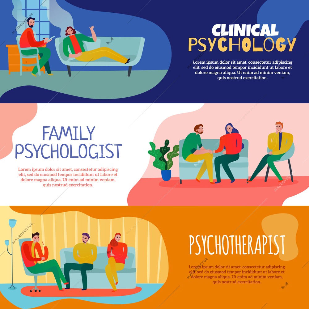 Psychotherapist and psychologist horizontal banners set with family consultation symbols flat isolated vector illustration