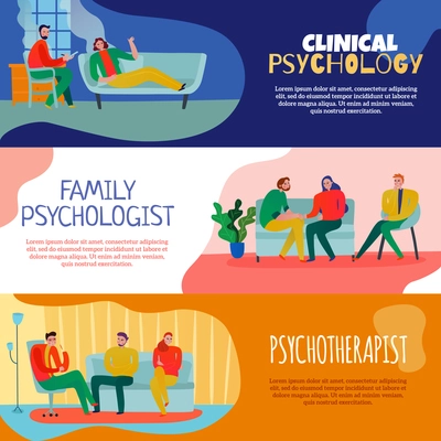 Psychotherapist and psychologist horizontal banners set with family consultation symbols flat isolated vector illustration