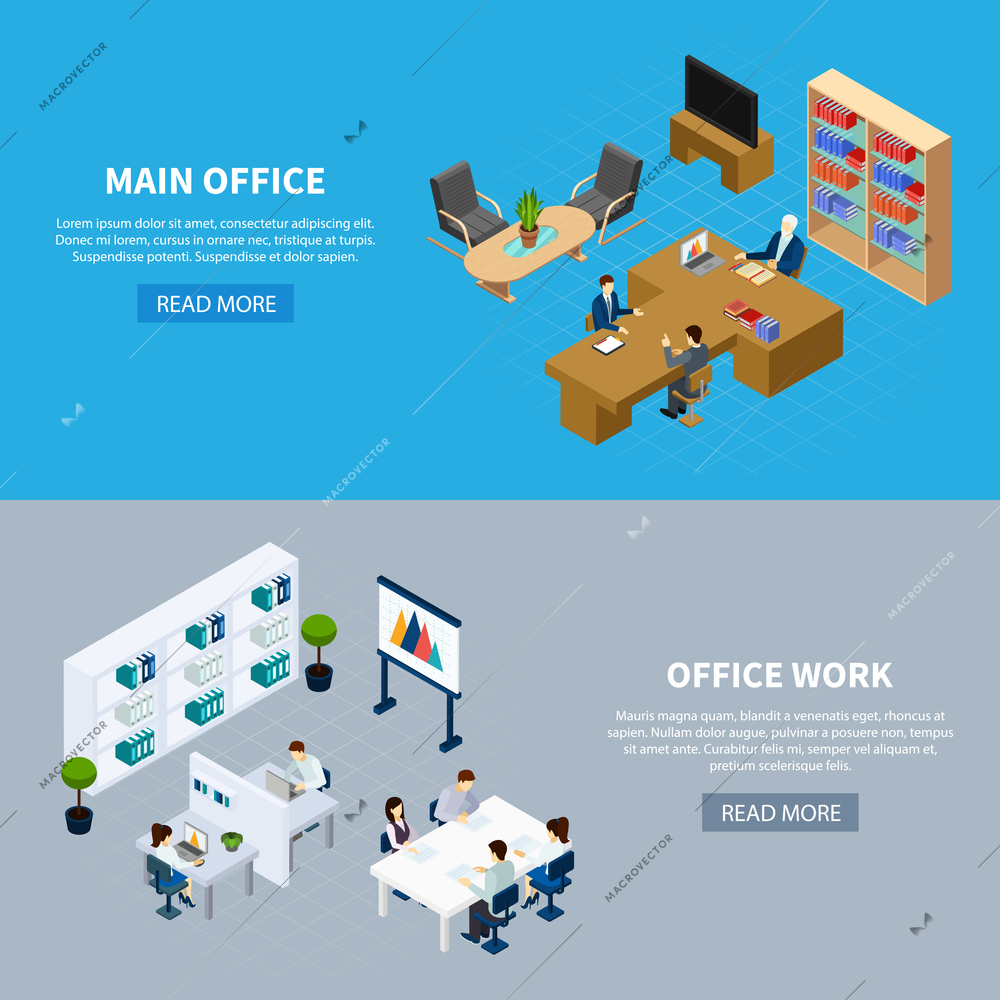 Main management and office work  isometric horizontal banners on grey and blue background isolated vector illustration