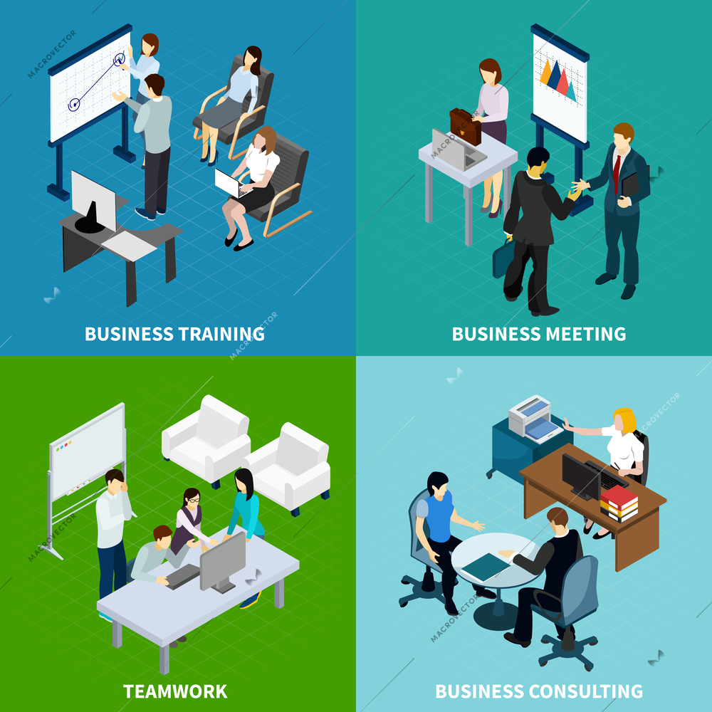 Office isometric design concept with staff training negotiation team work and business consulting isolated vector illustration