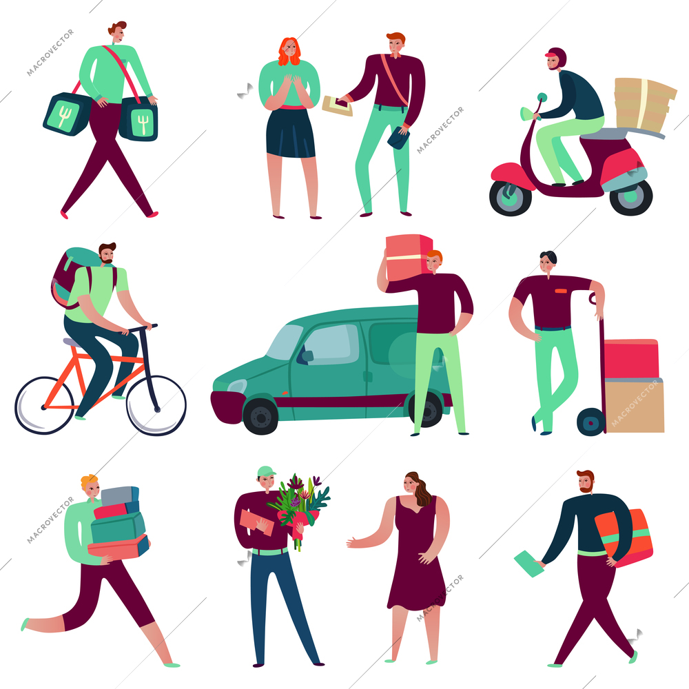 Delivery service workers set with logistics symbols flat isolated vector illustration