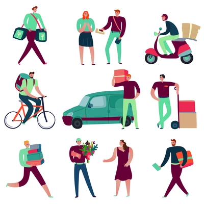 Delivery service workers set with logistics symbols flat isolated vector illustration