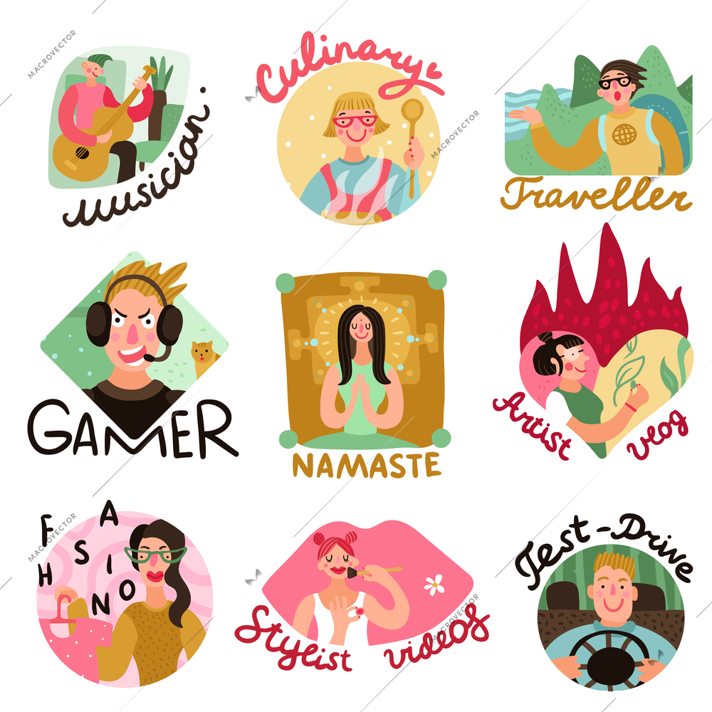 Video bloggers emblems set with beauty art and travel symbols flat isolated vector illustration