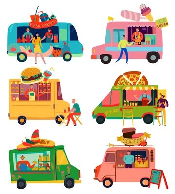 Food trucks set with ice cream and pizza symbols flat isolated vector illustration