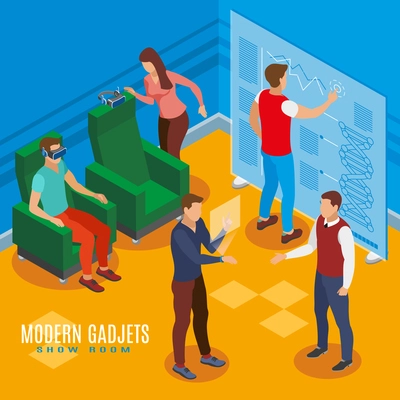 Human characters with modern digital gadgets in show room isometric composition vector illustration