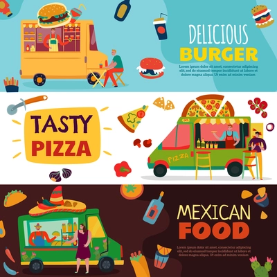 Food trucks horizontal banners set with burger and pizza symbols flat isolated vector illustration