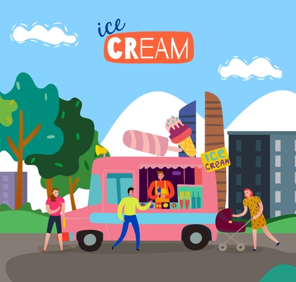 Food cart with ice cream csrt symbols flat vector illustration