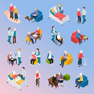 Elderly people nursing home residents isometric icons set with medical care physical activities assistance leisure vector illustration