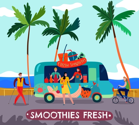 Food trucks with fresh smoothies csrt symbols flat vector illustration