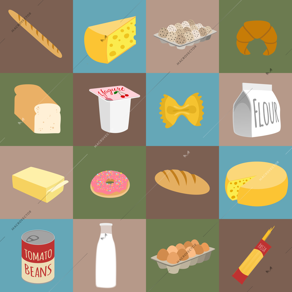 Food flat icons set of bread cheese egg box croissant isolated vector illustration