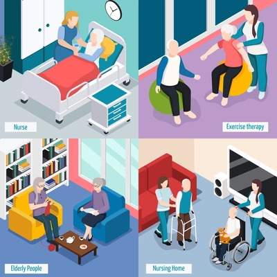 Elderly people nursing home accommodations concept with residents reading lounge exercise therapy medical care isolated vector illustration