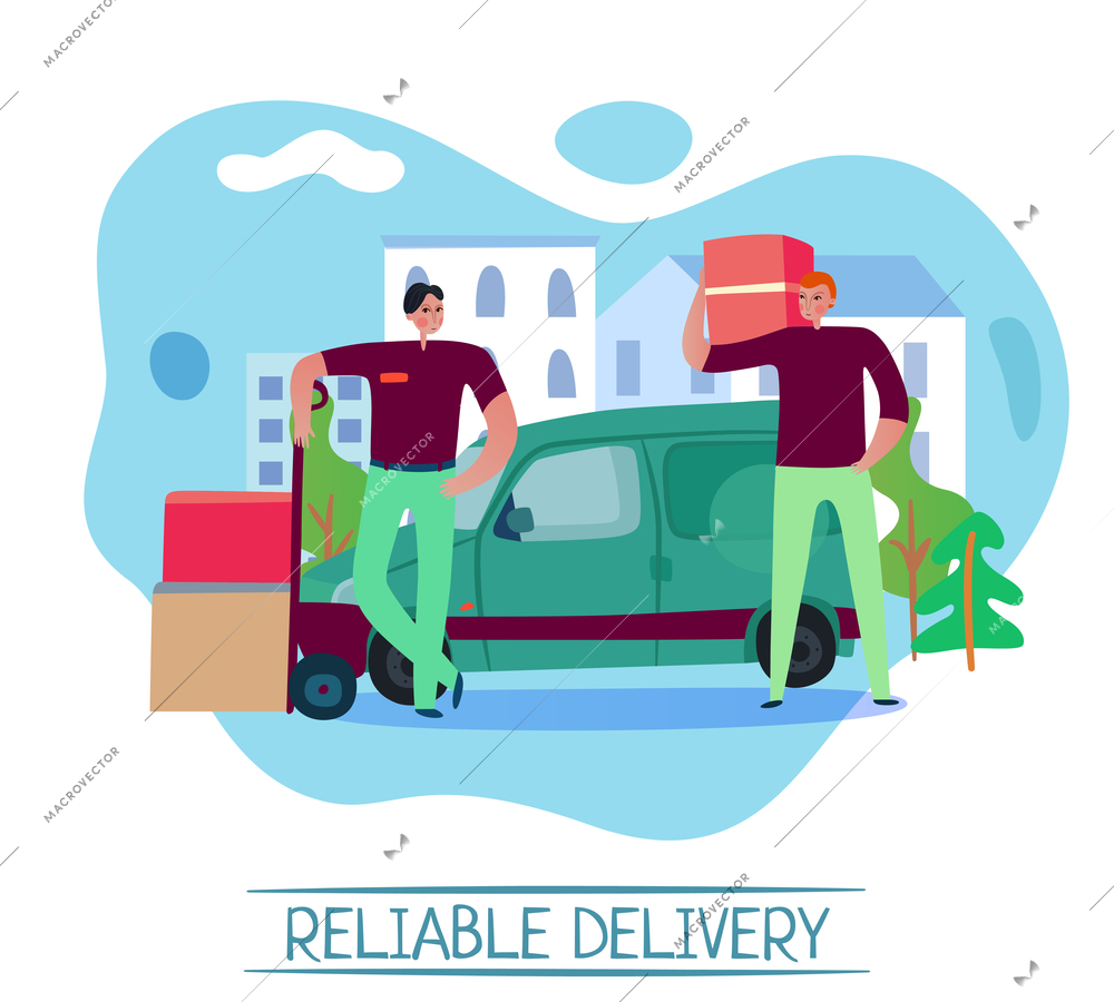 Reliable delivery service concept with transportation symbols flat vector illustration