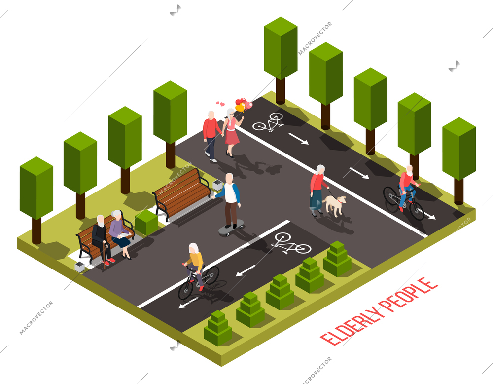 Elderly people nursing home outdoor recreation area isometric composition with residents cycling walking dog reading vector illustration