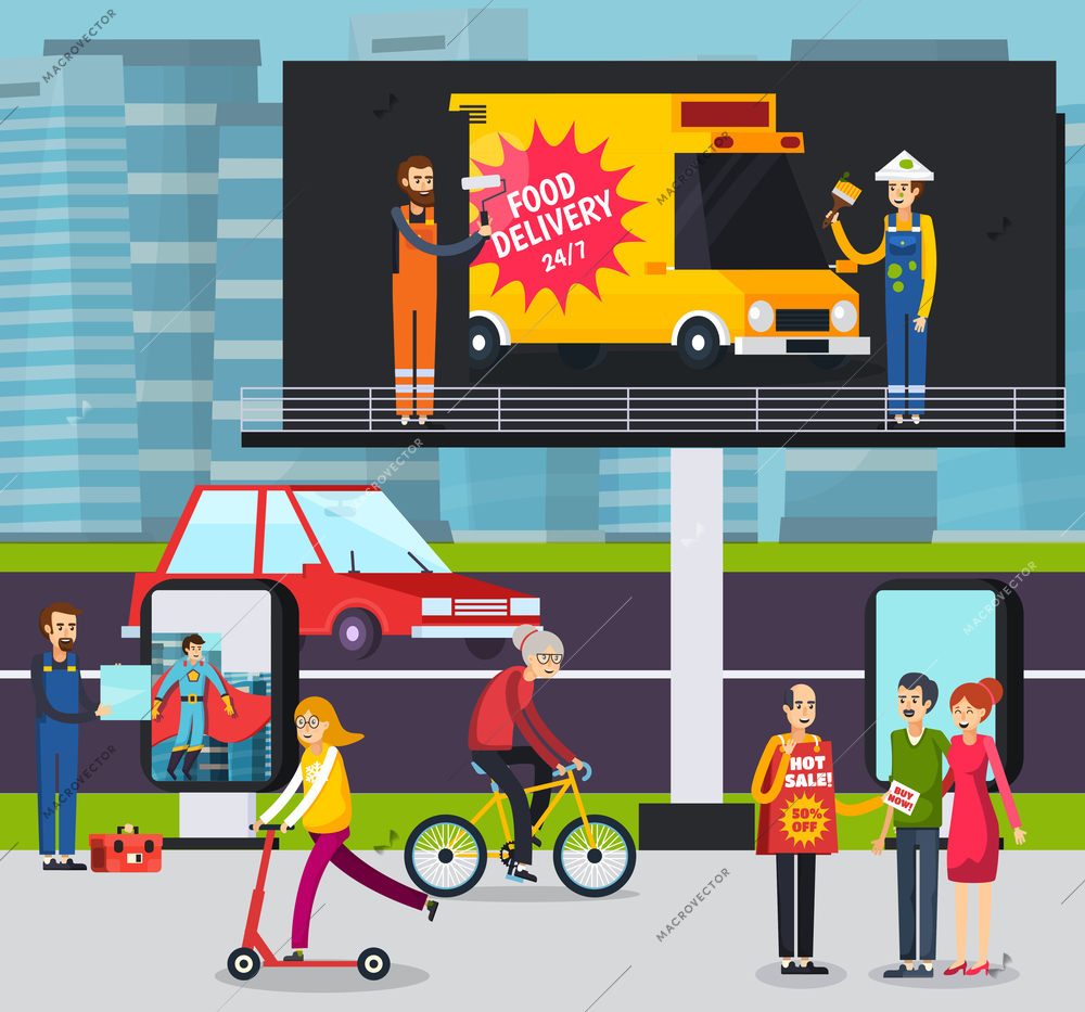 Advertising agency workers placing ad poster on large outdoor billboard in busy city street orthogonal vector illustration