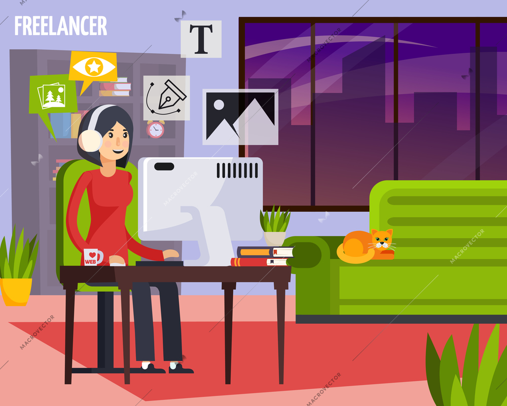 Advertising agency freelancer working home orthogonal composition with girl behind desktop creating ads layout designs vector illustration