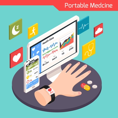 Modern medical technology isometric composition with smart electronic portable devices connected to virtual health care system vector illustration