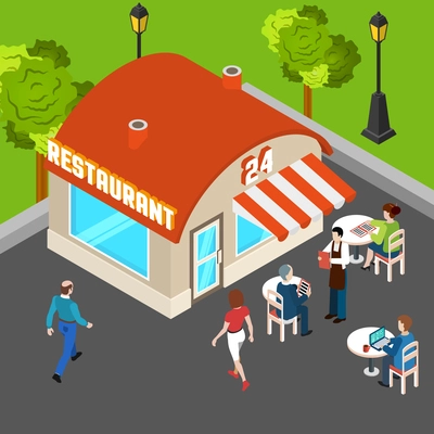 Restaurant building outside with waiter and customers at outdoor tables isometric composition vector illustration