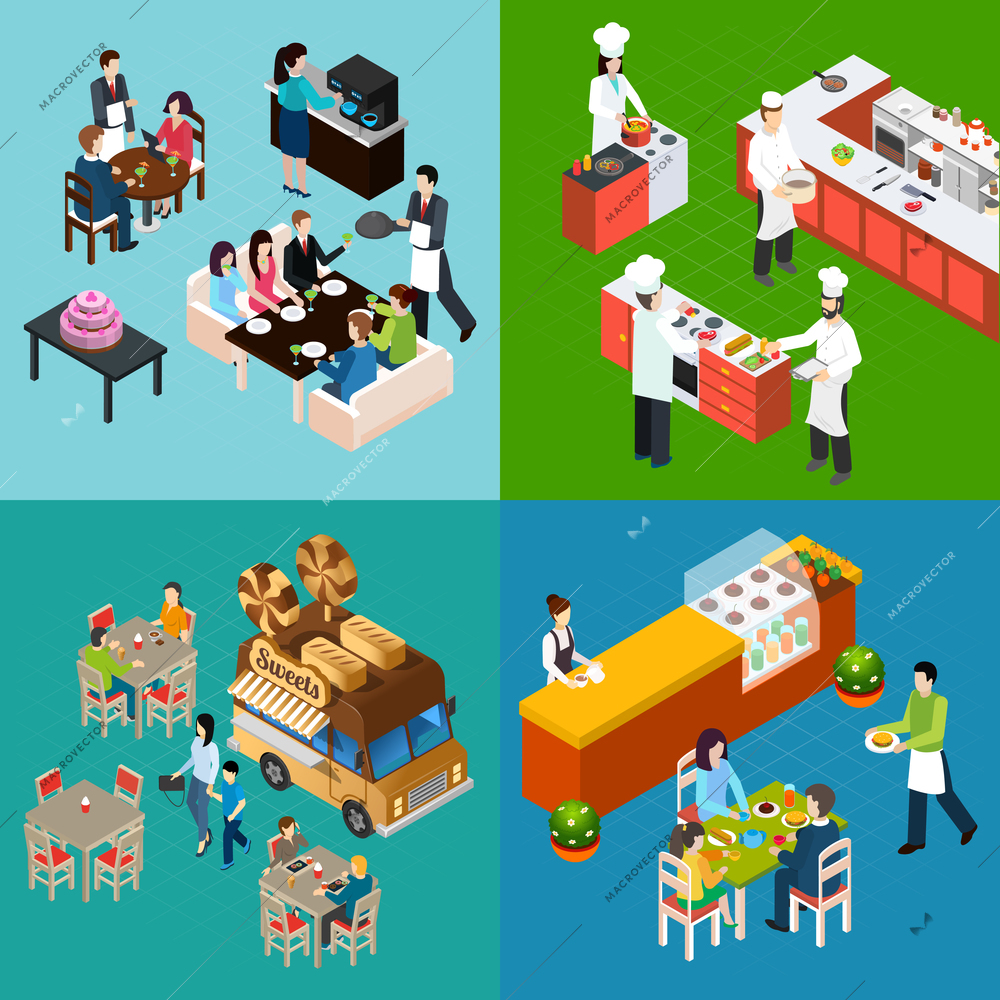 Restaurant isometric design concept with waiters and customers chefs at kitchen street food isolated vector illustration