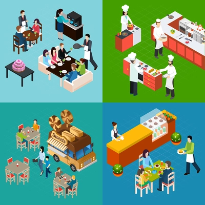 Restaurant isometric design concept with waiters and customers chefs at kitchen street food isolated vector illustration