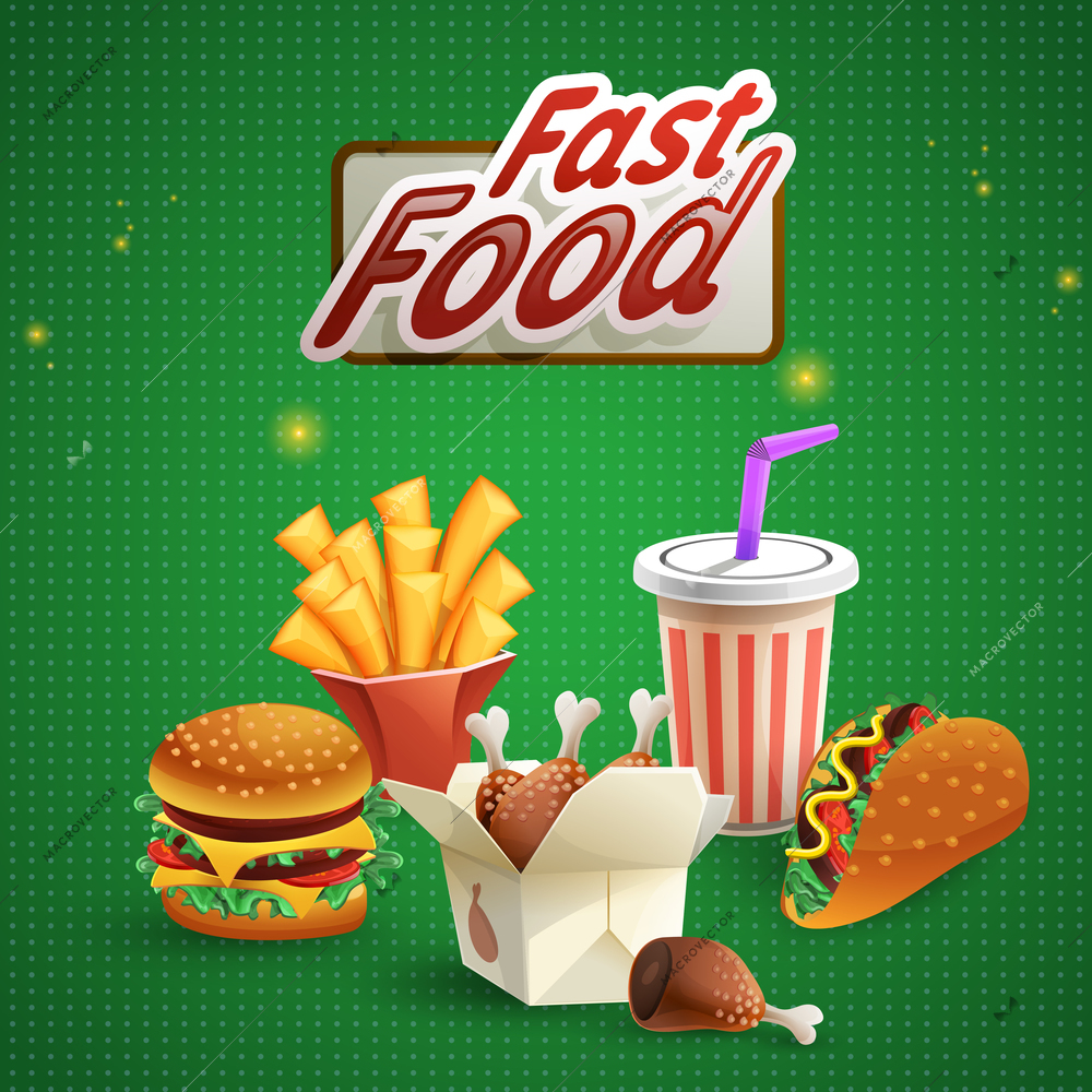 Fast food burger chicken french fries and glass of fizzy drink on green background cartoon vector illustration