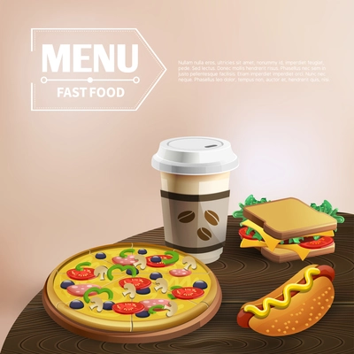 Fast food background with pizza sandwich hot dog and coffee on wooden table cartoon vector illustration