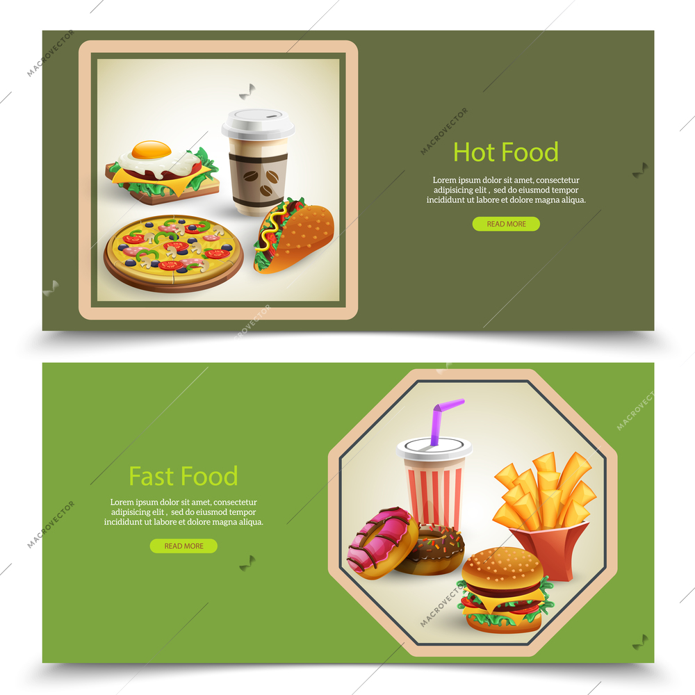 Cartoon set of two horizontal banners with fast food and drinks on green background isolated vector illustration