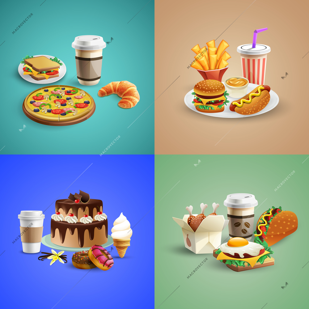 Fast food cartoon 2x2 design concept with burgers pizza sandwiches cake ice cream cola isolated on colorful background vector illustration