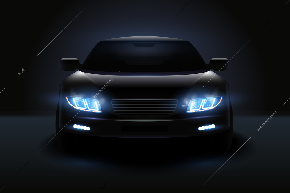 Car led lights realistic composition with dark silhouette of automobile with dimmed headlights and shadows vector illustration