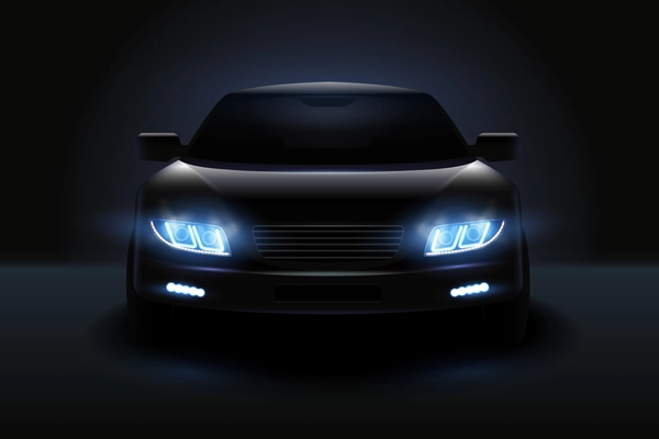 Car led lights realistic composition with dark silhouette of automobile with dimmed headlights and shadows vector illustration