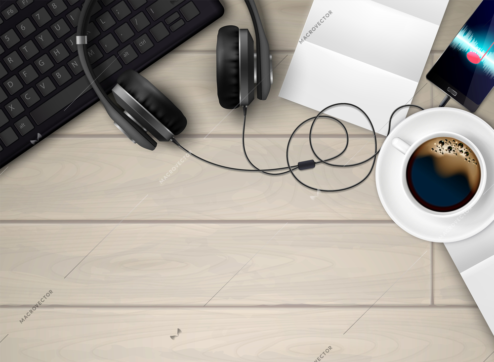 Headphones earphones realistic conceptual composition with top view of workspace with coffee keyboard and music player vector illustration