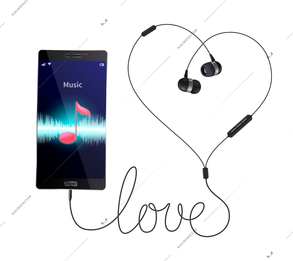Headphones earphones realistic composition with wired in-ear phones connected to smartphone with music player application vector illustration