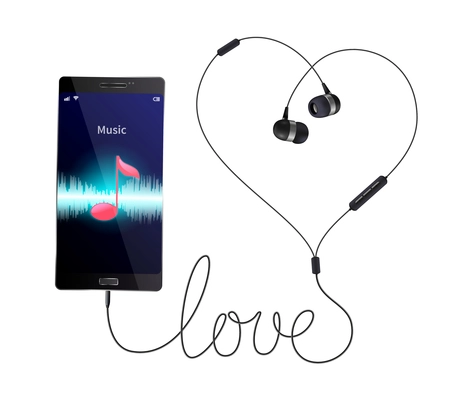 Headphones earphones realistic composition with wired in-ear phones connected to smartphone with music player application vector illustration