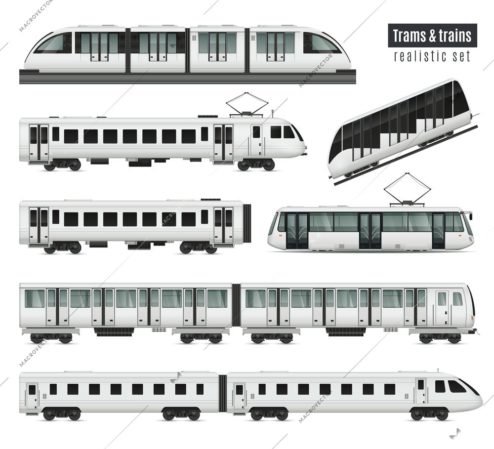 Passenger tram train realistic set with isolated images of public transport railroad cars and electric trams vector illustration