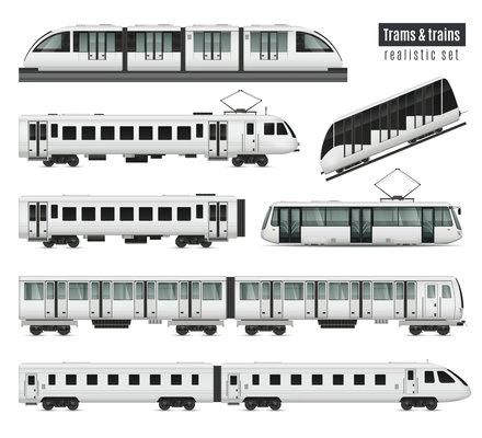 Passenger tram train realistic set with isolated images of public transport railroad cars and electric trams vector illustration