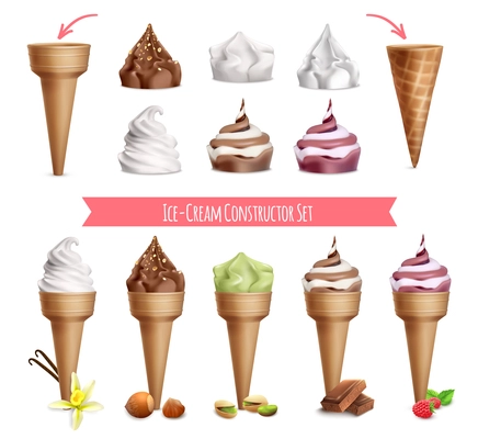 Ice cream realistic constructor set with isolated images of sugar cones and topping with editable text vector illustration