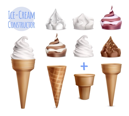 Ice cream realistic constructor set of various toppings with sugar cones of different shape and text vector illustration