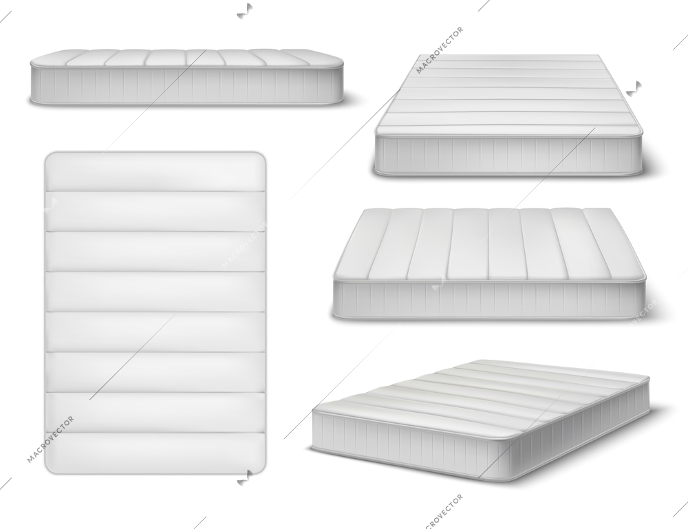 Mattress realistic set of five isolated images and different angle views of sleeping mattress with shadows vector illustration